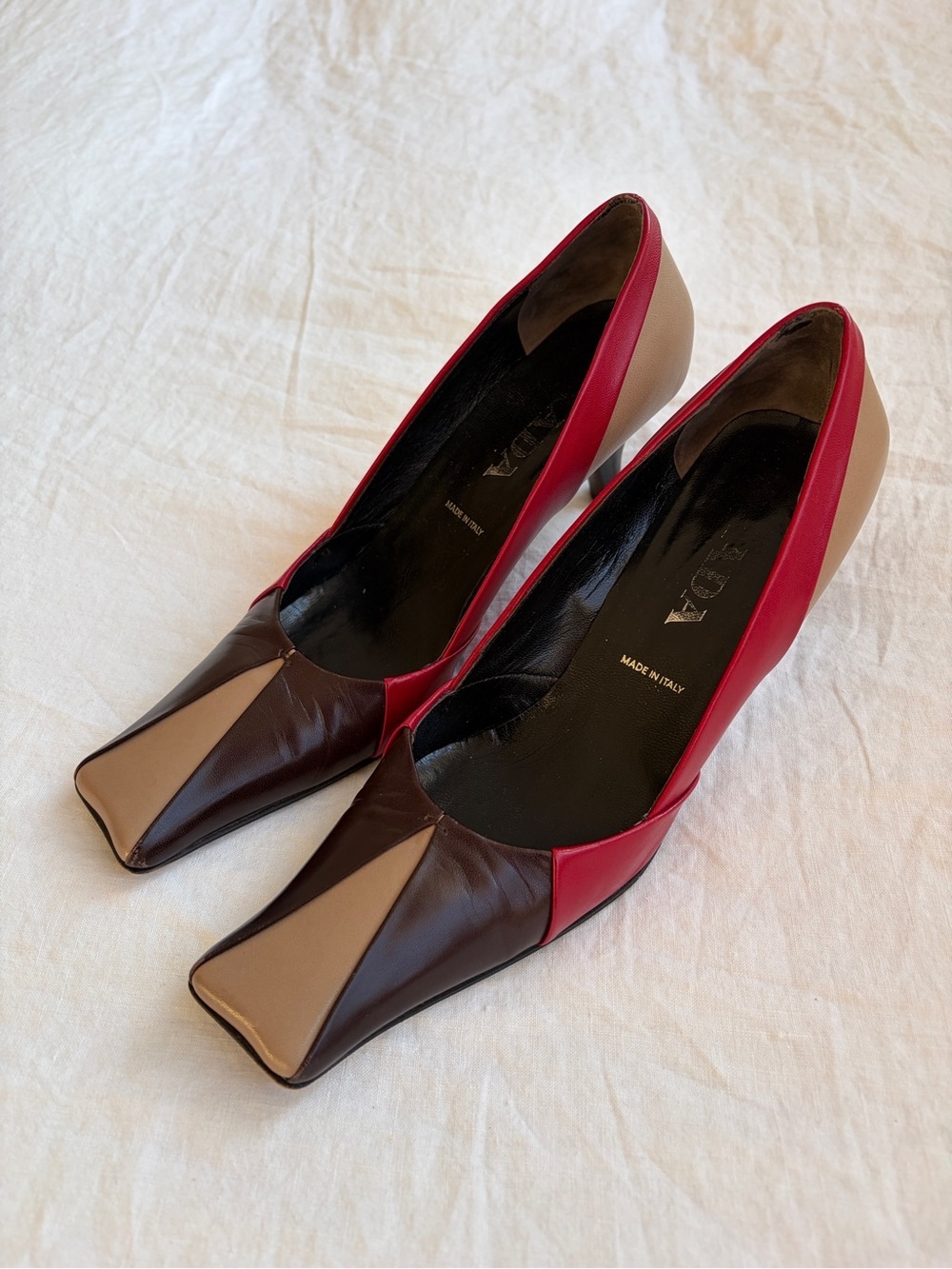 Vintage Prada Leather Colorblock Square Toe Kitten Heels Red Tan Brown